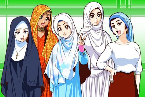 headscarf princesses by Nayzak   .... Catholic, Hindu, Muslim, Sabian, Jewish Sejarah Asia, Jewish Women, Anime Muslim, World Religions, Islamic World, الرسومات اللطيفة, Head Scarf, Drawing Reference, Hijab Fashion