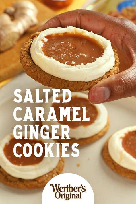 Delicious ginger, luscious frosting, and a pool of delicious salted Werther's Original Caramel. Our new favorite cookies will be a crowd pleaser this fall. Spiced Cookies, Cookies Video, Chewy Caramel, Caramel Buttercream, Caramel Recipes, Easy Baking Recipes Desserts, Ginger Cookies, Baked Dessert Recipes, Easy Baking Recipes