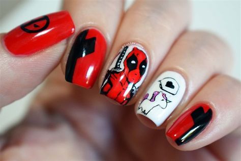 Via Nail Art Gallery. Deadpool Nails, Marvel Nails, Unicorn Nails Designs, Black And White Nail Art, Unicorn Nails, Disney Nails, White Nail, Simple Nail, Halloween Nail Designs