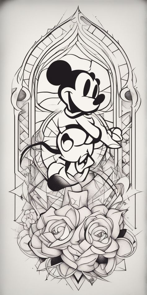 This image features a black and white geometric style Disney tattoo on a blank canvas. The design amalgamates sharp lines and intricate patterns reflecting the iconic Disney theme. Disney Tattoo, Disney Tattoos, Disney Theme, Blank Canvas, Intricate Patterns, Disney Magic, Tattoo On, Tattoo Art, Art Tattoo