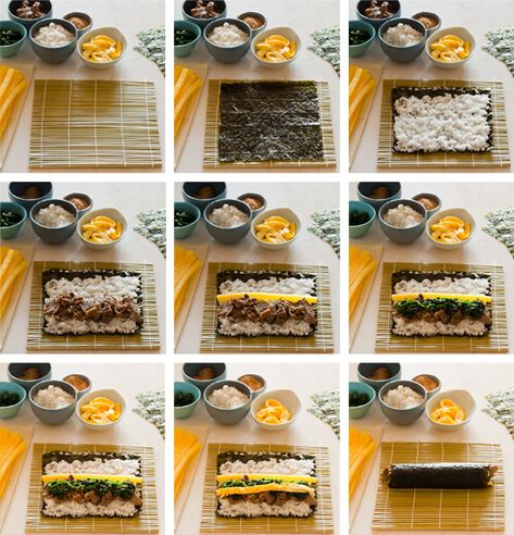 kimbap = yummmmmy! =) and exactly the way my mommy taught me how to make it! best thing is you can vary the ingredients to whatever you like! Sushi Rolling, Curtain For Kitchen, Spoon Fork Bacon, Diy Sushi, Sushi Maker, Korean Food Recipes, Food Korean, Korea Food, Korean Cooking