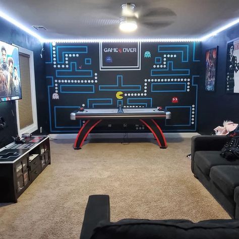 Game On Room Ideas, Retro Video Game Bedroom, Video Game Room Paint Ideas, Older Kid Game Room, Game Room Black Wall, Playroom Video Game Area, Gaming Accent Wall, Small Arcade Room Ideas, Arcade Home Room