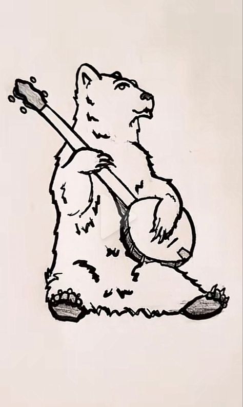 Animal Playing Banjo Tattoo, Bear Playing Banjo, Childhood Inspired Tattoos, Bass Guitar Tattoos, Animal Playing Instrument Drawing, Banjo Drawing, Bear Outline Tattoo, Banjo Tattoo, Festival Moodboard