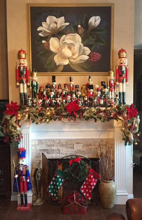 Nutcracker mantel for Christmas Nutcracker On Mantle, Nutcracker Fireplace Decor, Nutcracker Christmas Display, Nutcracker Mantel Ideas, Nutcracker Mantle Display, Christmas Nutcracker Display, How To Display Nutcracker Collection, Nutcracker Decorations Ideas, Nutcracker Themed Christmas Decor