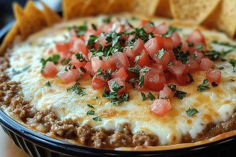 Try Texas Trash Dip! A creamy, cheesy Tex-Mex favorite with bold flavors – perfect for parties and sharing. Ready in 40 minutes Meaty Texas Trash Dip Pioneer Woman, Texmex Dip Recipes, Texas Trash Dip With Ground Beef, Meaty Texas Trash Dip, Christmas Taco Dip, Texas Trash Dip Recipe, Ugly Dip Recipe, Trash Dip Recipe, Dips Dessert