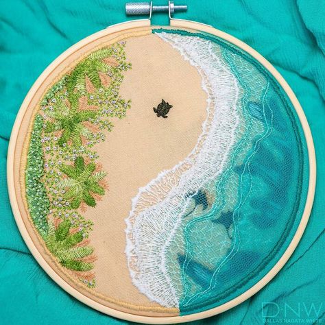 Waterfall Embroidery, Hawaii Embroidery, Watercolour Embroidery, Ocean Embroidery, Watercolor Embroidery, Minimalist Embroidery, Felt Turtle, Beach Embroidery, Embroidery Pins