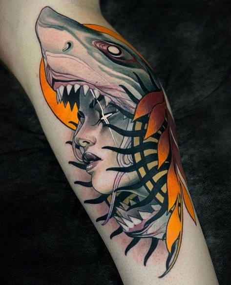 1,289 Likes, 2 Comments - Neo Traditional Spain (@neotraditionalspain) on Instagram: “Amazing work by ➡️ @glendalebully  Made @ ➡️✅🙏🏻 tag, like, comment, share. 🙏🏻💯 #�️⃣ #neotradsp #️⃣🌐…” Traditional Tattoo Animals, Traditional Shark Tattoo, Shark Stuff, Sheep Tattoo, Traditional Tattoo Old School, Bone Collector, Neotraditional Tattoo, Geometric Tattoo Arm, Tattoo Magazine