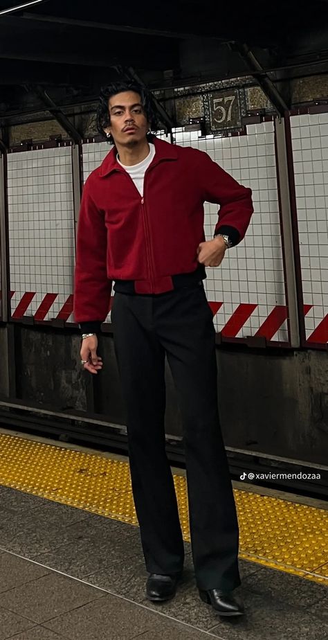 Men’s Red Christmas Outfit, Soccer Jersey Fits Men, Burgundy Outfit Men, Red Outfit Men, Red Cardigan Outfit, Formal Streetwear, Cocktail Attire Men, Oversize Outfit, Money Clothes