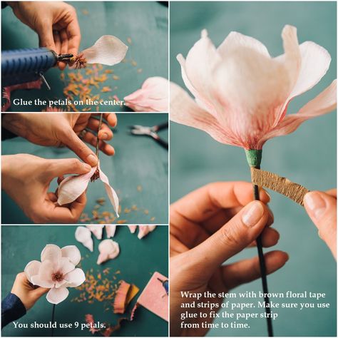 Crepe Paper Magnolia Tutorial - Carte Fini Paper Magnolia, Crepe Paper Flowers Diy, Săpunuri Handmade, Make Paper Flowers, Wafer Paper Flowers, Diy Flores, Fleurs Diy, Sweet Flowers, Paper Flower Template