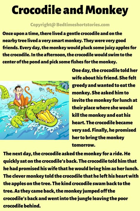 This is the Monkey And Crocodile Story for kids to read. Read full story in the link above. Monkey And Crocodile Story Pictures, The Monkey And The Crocodile Story, Short Stories For Kids With Pictures, Reading Story For Kids, Kids Story With Pictures, Story For Kids Short In English, English Story Writing, English Story Reading, Moral Stories For Kids English