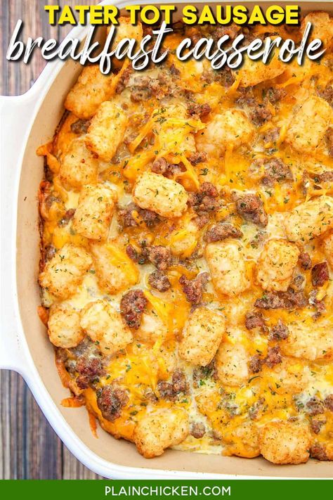 Tater Tot Sausage Breakfast Casserole - great make ahead recipe! Sausage, cheddar cheese, tater tots, eggs, milk, garlic, onion and black pepper. Can refrigerate or freeze for later. Great for breakfast. lunch or dinner. Everyone loves this easy breakfast casserole!! Sheet Pan Breakfast Casserole, Eggless Breakfast Casserole, Tater Tot Sausage Breakfast Casserole, Breakfast Buffet Ideas, Tot Recipes, Sausage Breakfast Casserole, Tater Tot Breakfast Casserole, Morning Recipes Breakfast, Breakfast Casserole Recipe