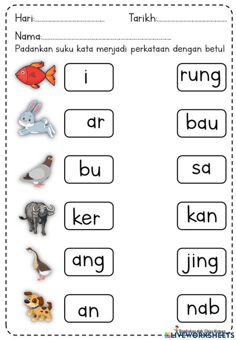 Suku kata interactive exercise for Prasekolah. You can do the exercises online or download the worksheet as pdf. Letter Stencils Printables, Preschool Activity Books, School Kids Activities, Kindergarten Reading Activities, Preschool Tracing, Tracing Worksheets Preschool, Bahasa Melayu, Motor Skills Activities, Kids Art Class