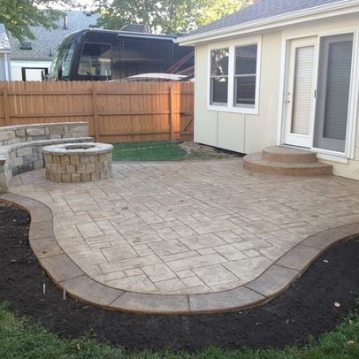 Patio stamped concrete patio Design Ideas, Pictures, Remodel and Decor Fireside Seating, Idaho Garden, Backyard Pavers, Stamped Concrete Patio Designs, Patio With Fire Pit, Sitting Wall, Paver Fire Pit, Paver Ideas, Pavers Design