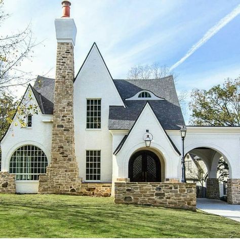 Instagram post by MoE • Dec 24, 2020 at 6:15am UTC Cathedral Home Exterior, Fireplace In Front Of House Exterior, White Stucco House, Wm Logo, Stucco Homes, Tudor Style Homes, Tudor House, Tudor Style, Exterior Stone