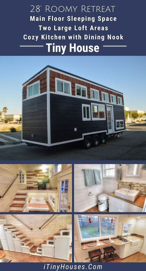 28' Roomy Retreat is the ultimate tiny house on wheels for families with 2 lofts, a main floor bedroom, and tons of storage! There is plenty of room in these tiny house plans to add your favorite tiny house appliances or even make it a fun 1 bedroom tiny house suite for in-laws! Tiny Home On Wheels Floor Plans, Tiny House On Wheels Floor Plans, 20ft Tiny House On Wheels, Tiny House 2 Bedroom, Luxury Tiny House On Wheels, 20 Ft Tiny House On Wheels, Inside Tiny Houses, Two Bedroom Tiny House, Two Loft Tiny House On Wheels