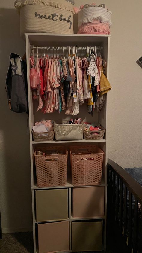 Small Nursery Closet Organization Diy, Baby Storage For Small Spaces Apartments, Newborn Clothes Storage Small Space, Closet Ideas For Nursery, Bookshelf Closet Ideas For Kids, Baby Room Ideas Small Space Nurseries, Nursery Inspo Small Room, Cube Shelf Nursery Organization, Closet Nursery Converted Walk In