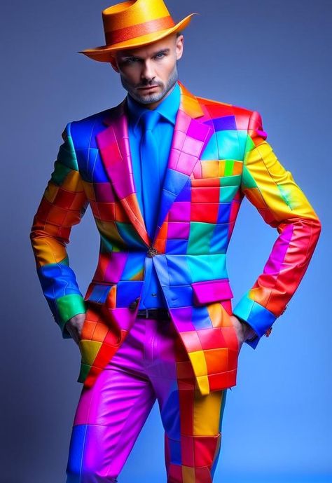 Male Colorful Outfit, Crazy Outfits Men, 80s Men Fashion, Colorful Suit, Formal Streetwear, Brown Pants Outfit, Rainbow Costumes, Green Pants Outfit, Candy Clothes