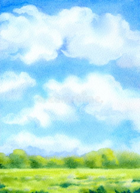 Watercolor background with white clouds on blue sky over sunlit. Colorful waterc #Sponsored , #SPONSORED, #Paid, #white, #Watercolor, #Colorful, #clouds Sky With Watercolor, Blue Sky Watercolor Painting, How To Paint A Sky Background, Sky Drawing Aesthetic, Painting Sky Clouds, Blue Sky Clouds Painting, Sky Background Drawing, Watercolor Background Landscape, Sky Drawing Clouds