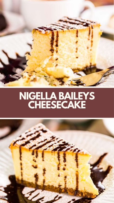 Nigella Baileys Cheesecake recipe is made with digestive biscuits, butter, caster sugar, Baileys, cream cheese, eggs, and double cream. It takes about 60 minutes to prepare and serves 8. Baileys Cheesecake Recipes, Nigella Lawson Desserts, Ny Cheesecake Recipe, Nigella Recipes, Mars Bar Cake, Baileys Cream, Biscuits Butter, Ny Cheesecake, Nigella Lawson Recipes