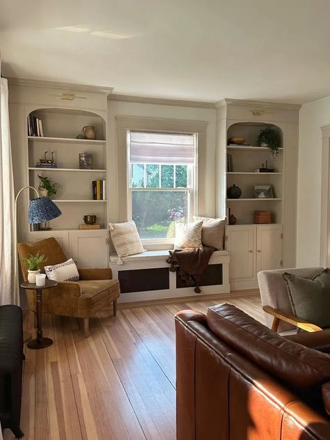 DIY Built-In Bookshelves - Painting by the Penny Bookshelves Beside Window, Craftsman Style Built Ins Bookcases, Built In Bookcase With Bench, Built In Bookshelf With Cabinet, Diy Built In Bookcase Around Window, Built In Shelves Nook, Bedroom Built In Bookshelves, Built In Bookshelves With Ladder, How To Build Built In Bookshelves