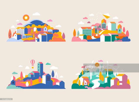 stock illustration : City landscape with buildings, hills and trees. Vector illustration in minimal geometric flat style. Abstract background of landscape in half-round composition for banners, covers. City with windmills Autumn Vector, Trees Vector, City Logo, Abstract City, City Background, Free City, City Illustration, City Landscape, Landscape Illustration