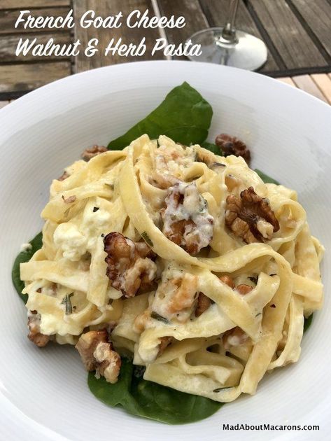 French Goat Cheese Walnut Herb Pasta Sauce - my saucy version of the French classic, Salade de Chèvre Chaud Walnut Pasta Sauce, Goat Cheese Pasta Sauce, Creamy Goat Cheese Pasta, Walnut Pasta, Cheese Pasta Sauce, Herb Pasta, Goat Cheese Pasta, Cheese Sauce For Pasta, Vegetarian Pasta Recipes