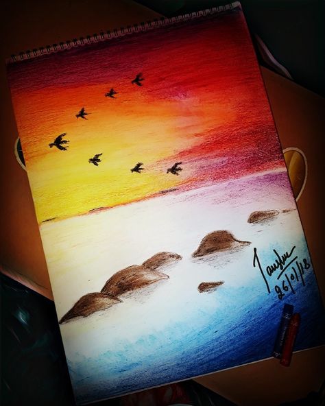 Crayons drawing #Scenery #art Drawing With Wax Crayons, Sunset Crayon Drawing, Scenery Drawing With Crayons, Wax Crayons Drawing Ideas, Scenery With Pencil Colour, Wax Crayon Drawing, Crayons Drawing, Wax Crayon Art, Crayons Art