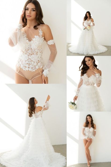 Elegant lace wedding bodysuit with removable tulle sleeves. Soft french lace. Fastens with a zip. You will definitely look unforgettable in it. Mix it with any skirts and pants to create a perfect look. Wedding Dress With Skirt, Bodysuit Wedding Dress, Wedding Bodysuit, Bodysuit And Skirt, Tulle Sleeves, Puffy Sleeves, French Lace, Backless Dress Formal, Wedding Inspo