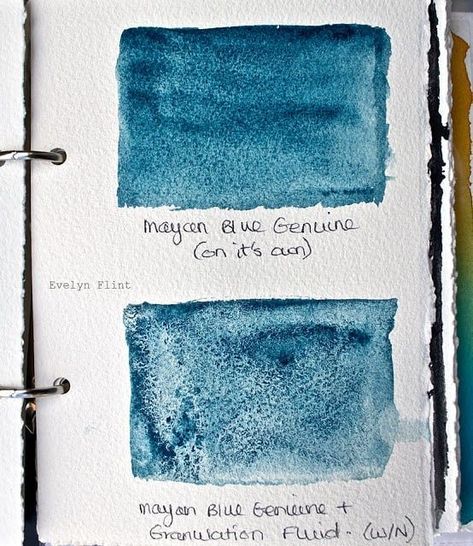 Evelyn Flint on Instagram: "A little experiment in my sketch book. Look what lovely things happen when you add granulation medium to Daniel Smith's Mayan Blue Genuine. Mayan Blue Genuine is stunning on it's own, the granulation medium only adds to it's beauty... ☺ #watercolourexperiment #watercolour #watercolor #granulationmedium #danielsmithartistsmaterials #danielsmithwatercolors #watercolorexperiment #mayanbluegenuine #aquarelle #acuarela #playingwithcolour #colourexperiment #watercoloursket Watercolor Granulation, Granulation Watercolor, Daniel Smith Watercolor, Art Folio, Colour Study, Watercolour Inspiration, Watercolor Palette, Color Studies, Things Happen