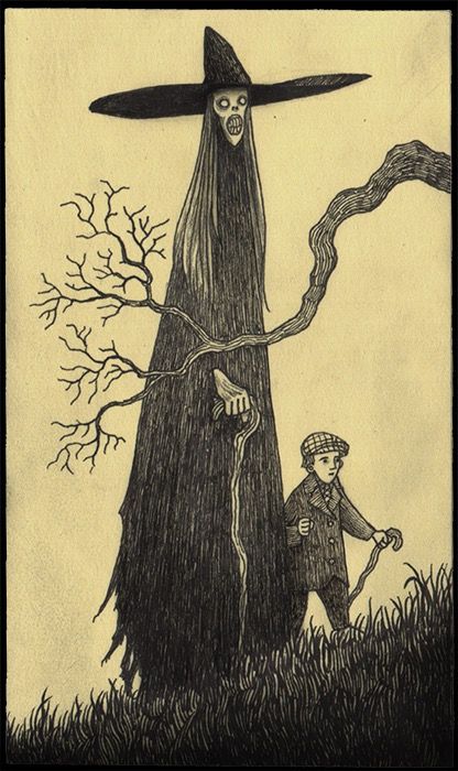 lad walking with tall witch - art by John Kenn Mortensen Doom Artwork, John Kenn Mortensen, Don Kenn, Carpathian Forest, John Kenn, Witch Drawing, Scary Drawings, Horror Drawing, Creepy Drawings