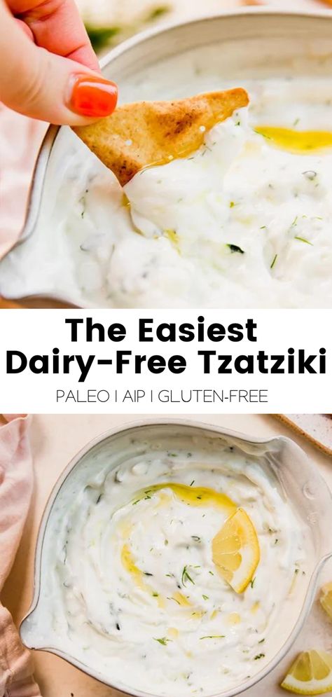 The Easiest Dairy-free Tzatziki - Unbound Wellness Gluten Free Pita Chips, Gluten Free Pita, Dairy Free Dips, Dairy Free Sauces, Dairy Free Appetizers, Unbound Wellness, Tzatziki Sauce Recipe, Vegan Tzatziki, Homemade Tzatziki Sauce