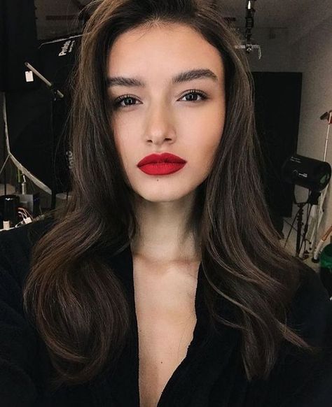 Light Skin Makeup, Deep Red Lips, Gala Fashion, Red Lip Makeup, Easy Fashion, Long Dark Hair, Easy Makeup, Brunette Woman, Lip Hair