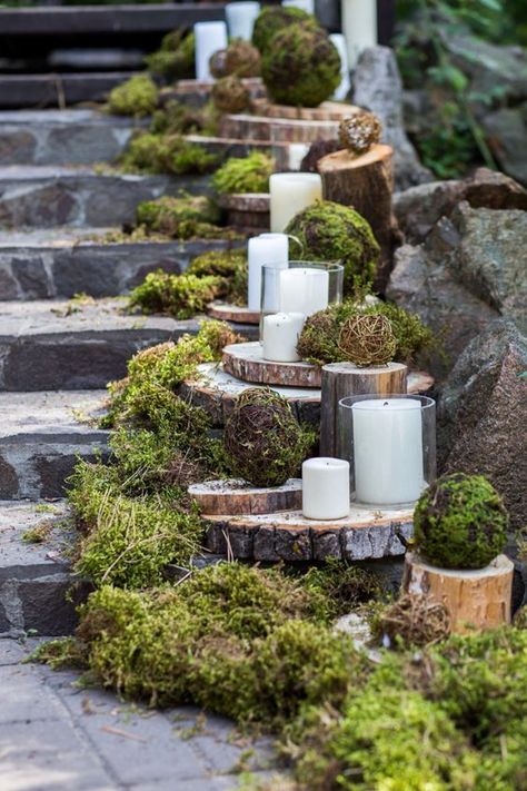 rustic moss and tree stump wedding decor Enchanted Forest Decorations, Enchanted Garden Wedding, Rustic Wedding Decorations, Deco Champetre, Enchanted Forest Wedding, Forest Decor, Wedding Entrance, Winter Wedding Inspiration, Forest Theme