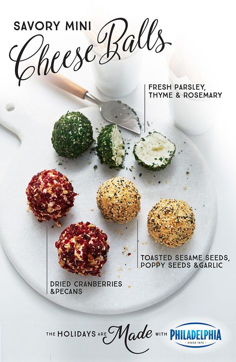 You'll have a ball making these Savory Mini Cheese Balls, made with PHILADELPHIA Cream Cheese, toasted sesame seeds, poppy seeds, garlic, fresh parsley, thyme, rosemary, dried cranberries, and PLANTERS pecans, and even a bigger ball eating them. Perfect for a last minute treat for your holiday party. Mini Cheese Balls, Philadelphia Cream Cheese, Cheese Ball Recipes, Cheese Balls, Toasted Sesame Seeds, Snacks Für Party, Christmas Appetizers, Poppy Seeds, Cheese Ball