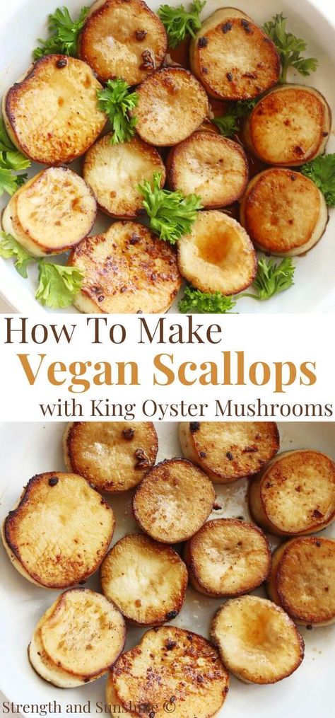 King Oyster Mushroom Air Fryer, Black Pearl King Oyster Mushroom Recipes, Trumpet Mushroom Scallops, King Oyster Mushroom Recipe Air Fryer, Blue Oyster Mushroom Recipe, King Oyster Mushroom Recipe, Mushroom Scallops, Vegan Scallops, Cooked Mushrooms