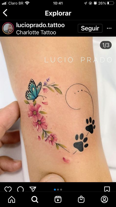 Butterfly And Paw Print Tattoo, Dog With Butterfly Tattoo, Tattoo Paw Print Dog, Pawprint Tattoo With Flowers, Paw Prints Tatoos, Heart Paw Print Tattoo, Dog Paw Tattoo Memorial, Pawprint Tattoo Dog Memorial, Cat Memorial Tattoos