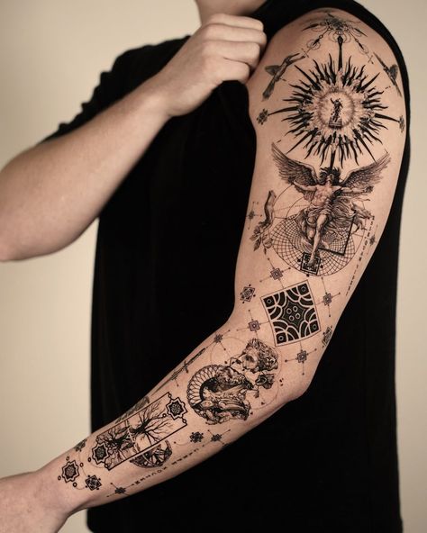 Inside Of Arm Tattoo, Geometric Line Tattoo, Black Art Tattoo, Remembrance Tattoos, Men's Small Tattoo, Full Arm Tattoos, Geometry Tattoo, Norse Tattoo, Geometric Tattoo Design