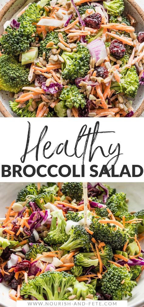 This healthy Broccoli Salad is an easy and delicious side that's perfect for sharing! It features crunchy broccoli, carrots, and red cabbage, salty sunflower seeds, sweet dried cranberries, and a creamy homemade dressing. Broccoli Cabbage Salad, Broccoli And Carrot Salad, Broccoli Carrot Salad, Cabbage Salads, Chicken Pesto Pasta Salad, Vegan Greek Yogurt, Crunchy Broccoli, Healthy Broccoli Salad, Great Salad Recipes