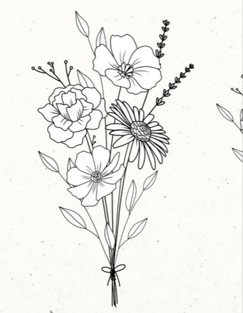 Bundles Of Flowers Tattoo, Flower Bouquet Tattoo Drawing, Bouquet Of Flowers Outline, One Line Flower Bouquet Drawing, Wildflower Bouquet Line Drawing, Simple Wildflower Bouquet Drawing, Wild Flower Sketches Simple, Bouqette Of Flowers Drawing, Flower Boquettes Drawings