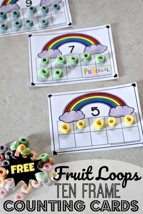 FREE Fruit Loops Ten Frame Counting Cards - these free printable rainbow count to 10 activity is a fun math activity for toddler, preschool, prek, and kindergarten age kids using fruit loops, m&m, skittles, etc. We love candy math! #counting #tenframe #preschool #preschoolmath Counting Activities For Preschoolers, Candy Math, Visualizing Activities, Math Activities For Toddlers, Ten Frame Activities, Rainbow Activities, Prek Math, Fun Math Activities, Math Counting