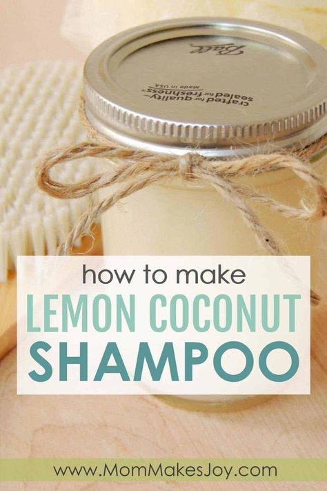 Learn to make your own organic lemon coconut shampoo! Inexpensive and great for your hair, this lemon coconut shampoo will be your new favorite. | DIY Bath and Body | Organic shampoo | SLS Free SLES Free No Parabens | Mom Makes Joy Diy Shampoo Without Castile Soap, Diy Shampoo For Hair Growth, Shampoo Diy, Coconut Shampoo, Shampoo Recipe, Homemade Moisturizer, Homesteading Ideas, Diy Instagram, Homemade Shampoo