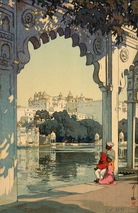 Udaipur, 1931. by Yoshida Hiroshi Yoshida Hiroshi apparently toured the world and produced some beautiful woodcuts. This, as you see, is Udaipur in India. If you click to go to the source you will see some truly splendid works. Udaipur Palace, Timur Tengah, Art Asiatique, Art Japonais, Japanese Woodblock Printing, Art Et Illustration, Japanese Painting, Udaipur, 판타지 아트