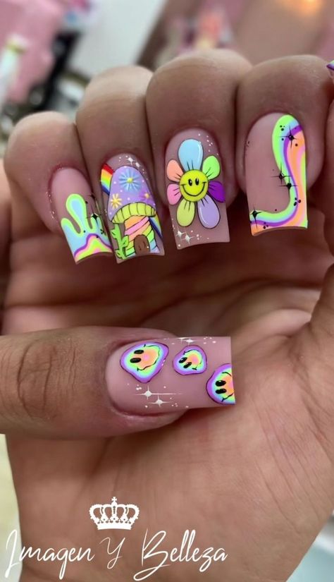 20 Summer 2023 Nail Colors to Inspire You ;2023 | Summer Nails Art Square Nail Designs Colorful, Nail Art Crazy, Short Cartoon Nails, Happy Nails Designs, Crazy Nail Ideas, Hippie Nails Acrylic, Edc Nails Designs, Crazy Nails Ideas, Classy Disney Nails