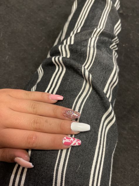 Some cow print glitter pink nails Glitter Pink Nails, Mixed Nails, Gel Coffin, Pink Glitter Nails, Cow Print, Daniel Wellington, Pink Nails, Cow, Glitter