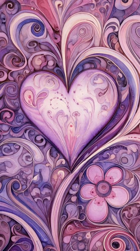 A whimsical abstract heart-shaped pattern in soft pink and purple tones, with swirling lines and floral motifs Heart Abstract, Whimsical Heart, Valentines Inspiration, Purple Tones, Heart Themed, Heart Painting, Purple Abstract, Heart Crafts, Themed Crafts