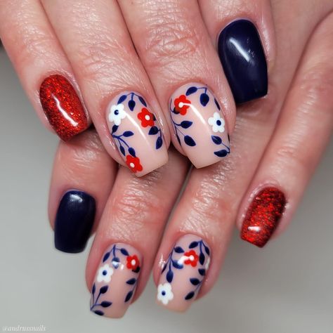 Navy Blue And Maroon Nails, Red White And Blue Floral Nails, Navy Blue And Red Nails, Red And Navy Nails, Navy And Red Nails, Dark Navy Blue Nails, Mom Nails, Red And Gold Nails, Red Nail Art Designs