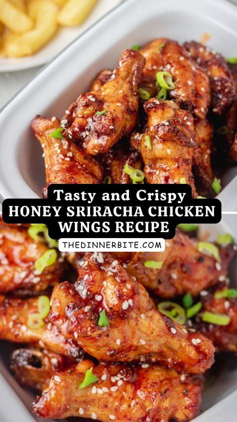 Ready to make your next party unforgettable? 🎉 This Honey Sriracha Chicken Wings recipe is the perfect addition to your table! Juicy, spicy, and just a touch sweet - they're sure to impress everyone! 😋🍗 Save this recipe now, and let's get started in The Dinner Bite! Honey Sriracha Wings, Honey Sriracha Chicken Wings, Garlic Chicken Wings Recipe, Sriracha Chicken Wings, Sriracha Wings, Honey Sriracha Sauce, Honey Garlic Chicken Wings, Honey Sriracha Chicken, Sriracha Chicken