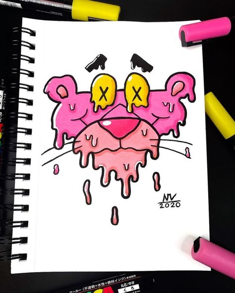 Drip Effect Drawing Cartoon, Drippy Drawing Ideas Easy, Edgy Cartoon Characters, Cartoon Posca Art, Pink Panther Painting Canvas, Drip Drawing Cartoon, Things To Draw With Paint Pens, Trippy Drippy Art, Drawing Ideas Colorful Markers