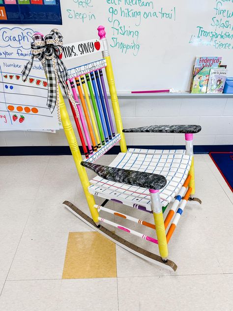 Rocking Chair Kids, Diy Classroom Chairs, Teacher Rocking Chairs For Classroom, Wooden Teacher Chair, Painted Teacher Chair Classroom, Rocking Chair Classroom, School Rocking Chair, Rocking Chair For Classroom, Painted Classroom Chair