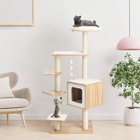 Tucker Murphy Pet™ 55" Kreatz Cat Tree | Wayfair Modern Cat Tower, Cat Climbing Tower, Wooden Cat Tree, Wooden Cat House, Niche Chat, Modern Cat Furniture, Modern Cat Tree, Condo Furniture, Cat Tree Condo